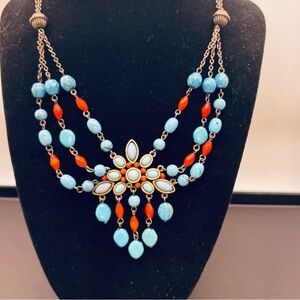 Boho Turquoise & Coral Multi-Strand Statement Necklace